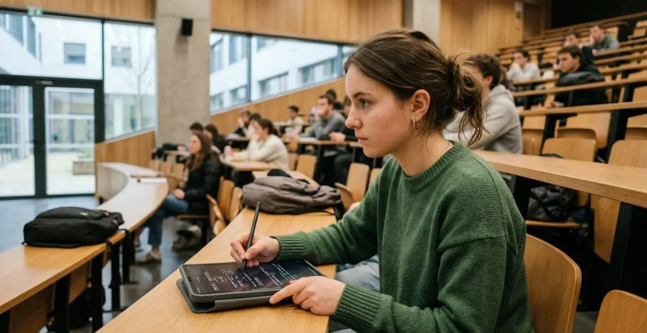 Étudiante concentrée prenant des notes en amphithéâtre universitaire moderne