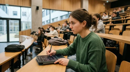 Étudiante concentrée prenant des notes en amphithéâtre universitaire moderne